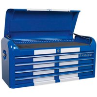 Blue and white Sealey topchest with four wide drawers and retro style, open lid showing storage space.