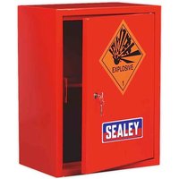 Red Sealey AP95 airbag cabinet with explosive warning sign and key lock.
