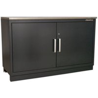 Black Sealey 2-door floor cabinet with silver handles and a flat top, heavy-duty design, 1550mm width.