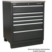 Black Sealey 6-drawer floor cabinet with silver handles and sturdy design, featuring a flat top surface.