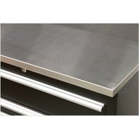 Stainless steel worktop with brushed finish, 1550mm wide, part of Sealey modular system, atop black storage unit.
