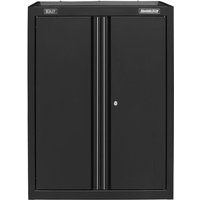 Black Sealey modular stacking cabinet with two vertical doors and a central lock.