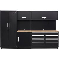 Black Sealey modular storage system with oak worktop, tall cabinet, wall units, and drawers with silver handles.