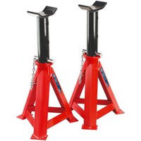 Red and black Sealey 12-tonne axle stands with triangular base and adjustable height mechanism.