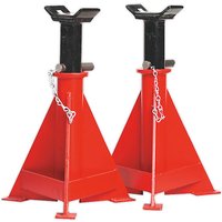 Red Sealey 15 Tonne axle stands with black adjustable tops and safety chains, triangular base design.