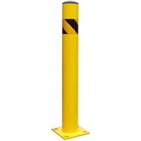 Yellow Sealey BOL900 safety bollard, 900mm tall, with black diagonal stripes near the top and a square base.