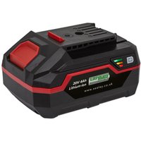Black and red Sealey 20V 4Ah Li-Ion power tool battery with charge indicator and CP20V branding.
