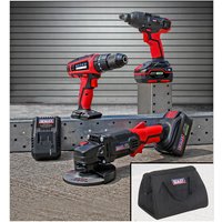 Red and black Sealey cordless drill, impact driver, angle grinder, with batteries, charger, and black carry bag.