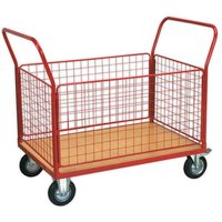 Red Sealey platform truck with wooden base, mesh sides, and four wheels, featuring removable side panels.