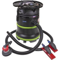 Black Sealey dust-free sanding kit with green accents, hose, red sanding pads, and round sander attachment.
