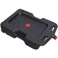 Black Sealey 54L wheeled oil drain container with red caps, integrated handles, and sturdy plastic construction.