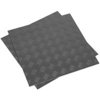 Gray Sealey FT1S treadplate floor tiles, self-adhesive, with diamond pattern texture, stacked at an angle.