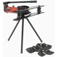 Sealey red and black hydraulic pipe bender on tripod stand with multiple bending dies.