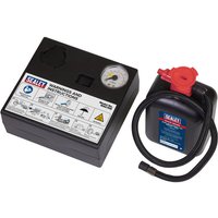 Black Sealey tyre inflator with pressure gauge and red nozzle, paired with black emergency puncture sealant canister.