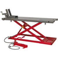 Red and gray Sealey MC680A motorcycle lift with hydraulic system and foot pedal, capable of lifting up to 680kg.