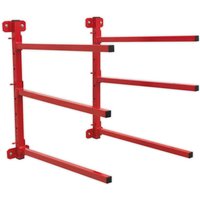 Red wall-mounted bumper rack with four adjustable horizontal arms and sturdy metal construction.