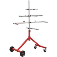 Red and silver Sealey MK59 panel stand with adjustable arms, tripod base, and wheels for mobility.