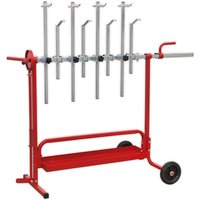 Red Sealey MK62 panel stand with rotating arms, adjustable hooks, and two wheels for mobility.