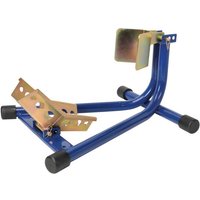 Blue Sealey motorcycle front wheel chock with heavy-duty metal frame and rubber-tipped feet.