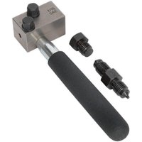 Sealey micro brake pipe flaring tool, silver metal with black handle, includes two black fittings, 3/16" SAE.