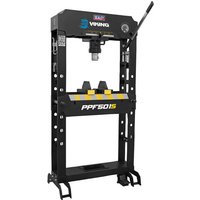 Black Sealey Viking 50 Tonne Floor Press with hydraulic pump, pressure gauge, and adjustable bed.