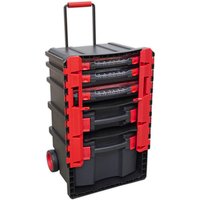 Black and red Sealey trail box with five stackable tool storage cases and a telescopic handle on wheels.