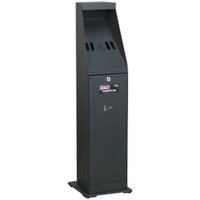 Black Sealey RCB07 cigarette bin with slanted top, vent slots, and front access door.