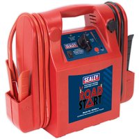 Red Sealey RS105 RoadStart emergency jump starter with handle, dual voltage settings, and side cable storage.