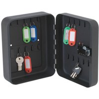 Black Sealey SKC820 key cabinet with combination lock, open to show 20 hooks and colorful key tags inside.