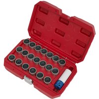 Red Sealey 21-piece locking wheel nut key set for BMW, in a sturdy red case with organized slots for each piece.