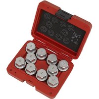 Red Sealey 10-piece locking wheel nut key set for Land Rover, hexagonal keys in a compact case.