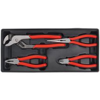 Sealey TBT02 4 Piece Tool Tray Plier Set with red handles in black tray, includes slip joint, needle nose, and cutting pliers.
