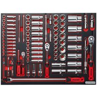 Sealey 91-piece socket set with red and black handles, chrome sockets, and ratchets in various sizes.
