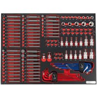 Sealey TBTP07 tool tray with red and silver specialized bits, sockets, and wrenches neatly organized in a black tray.
