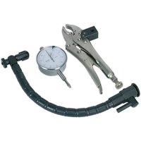 Brake disc run-out kit with silver dial gauge, black flexible arm, and silver locking pliers.