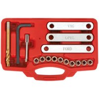 Red Sealey brake caliper thread repair kit with drill bits, hex key, and labeled metal bars in a molded case.