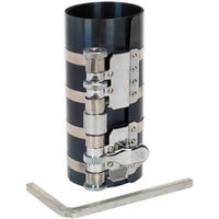 Sealey VS158 piston ring compressor, black with silver bands, adjustable clamp, includes L-shaped wrench.