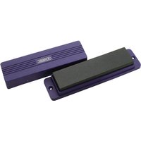 Purple Draper sharpening stone with matching grooved box, rectangular shape, compact design.