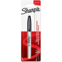 Black Sharpie fine permanent marker in a red and white pack, featuring a black cap and slim design.
