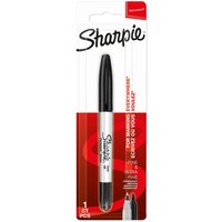 Black Sharpie twin tip permanent marker in red and white packaging with bold Sharpie logo.