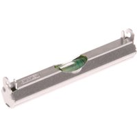 Gray Stanley 80mm line level with a central green bubble vial and metal hooks on each end.