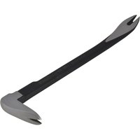 Black and silver Stanley 10-inch claw bar with dual beveled ends for prying and nail pulling.