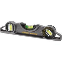 Black Stanley FatMax torpedo level, 250mm, with three yellow vials and rubber end caps.