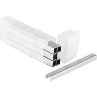 Stanley heavy-duty staples 8mm, silver metal, in a clear plastic case with three staple strips visible.