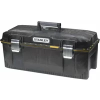 Black Stanley Fatmax 28In waterproof toolbox with metal latches and sturdy handle.