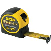 Black and yellow Stanley FATMAX Blade Armor tape measure, 8m/26', with extended yellow blade and black markings.
