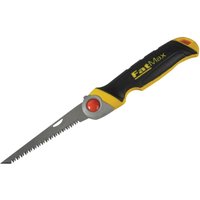 Black and yellow Stanley FatMax folding jab saw with a 130mm serrated blade and ergonomic handle.