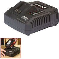Black Trend T18S 18V charger with LED indicators and cooling vents, compact design for 230V power supply.