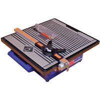Vitrex Versatile Power Pro 750 Wet Saw, black and silver with orange guide rail and clear splash guard.