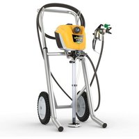 Yellow Wagner Control Pro 350 M airless paint sprayer on a metal cart with wheels and attached spray gun.